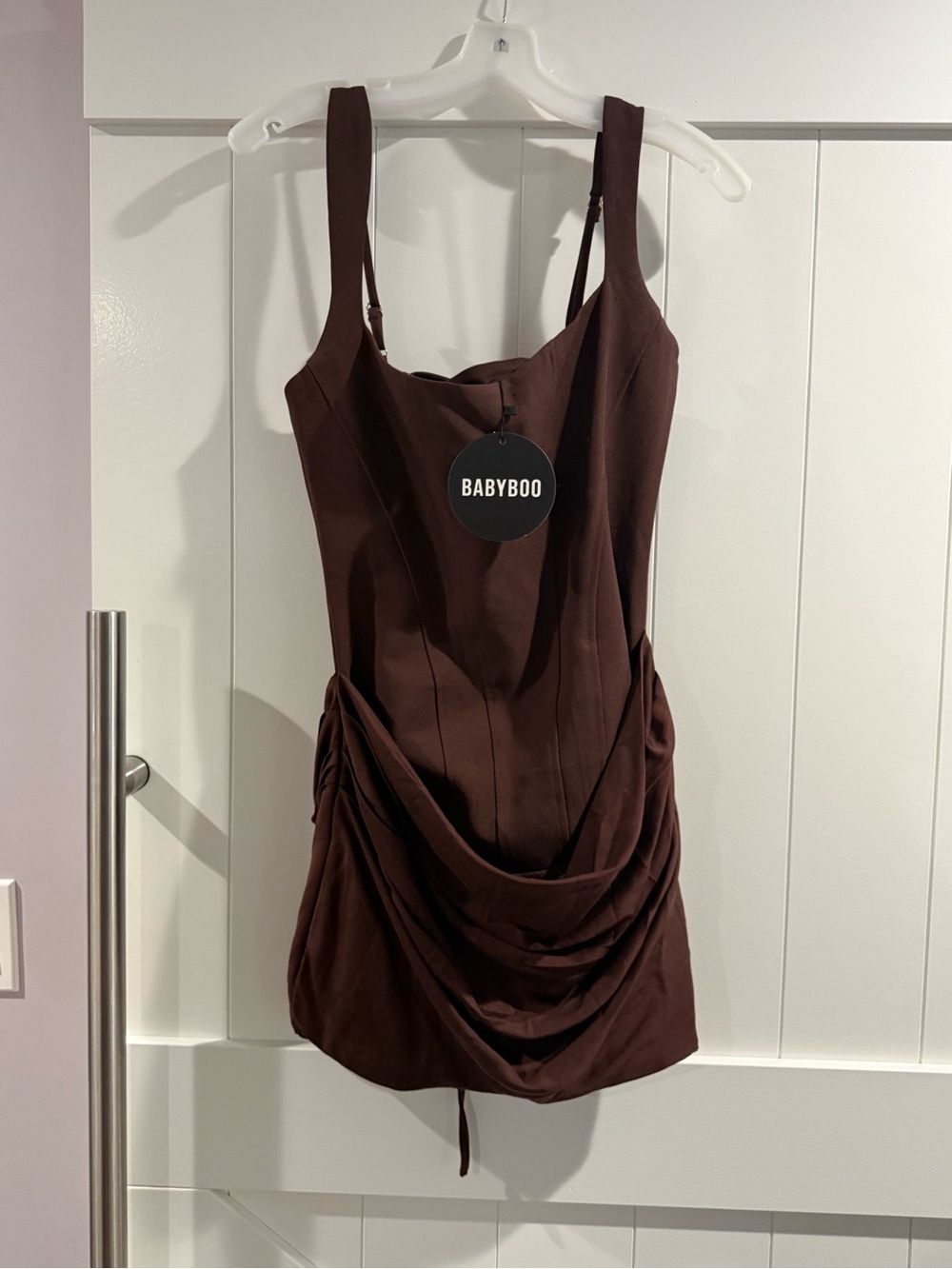 BABYBOO Chocolate Brown Mini Dress with Draped Skirt